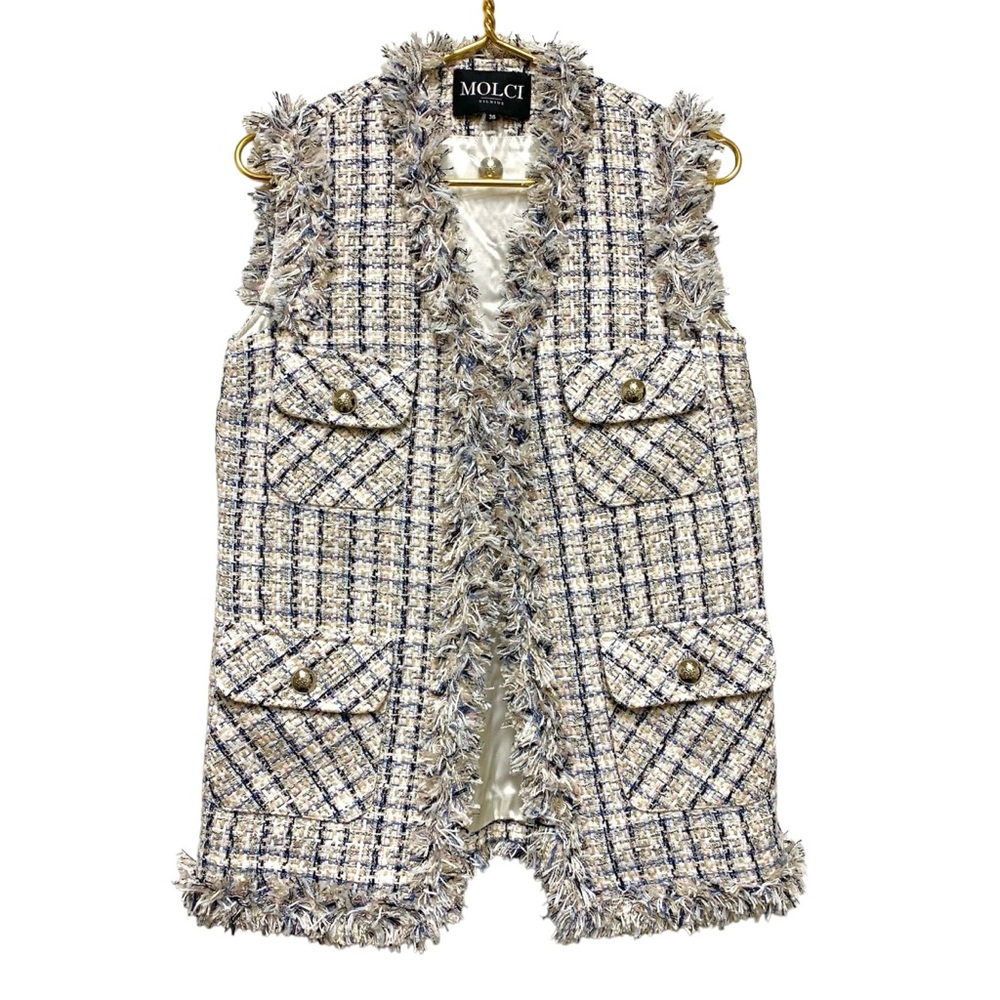 Molci‎ Frayed Tweed Longline Blazer Vest Size 36 / US S Open Front White Multi